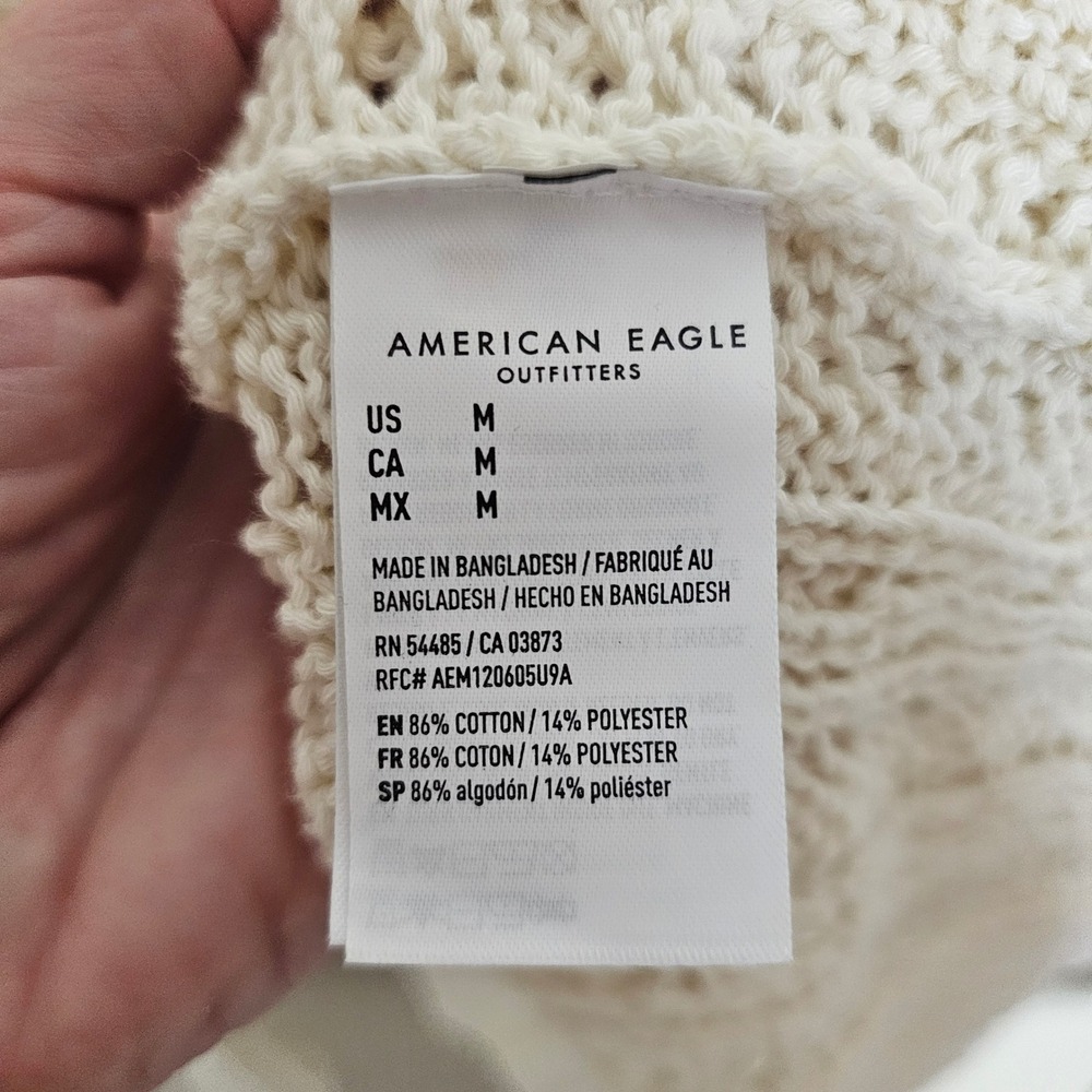 American Eagle Cream Crochet Knit Lace Up Tassel Polo Sweater Medium Ivory Boho - Picture 8 of 10